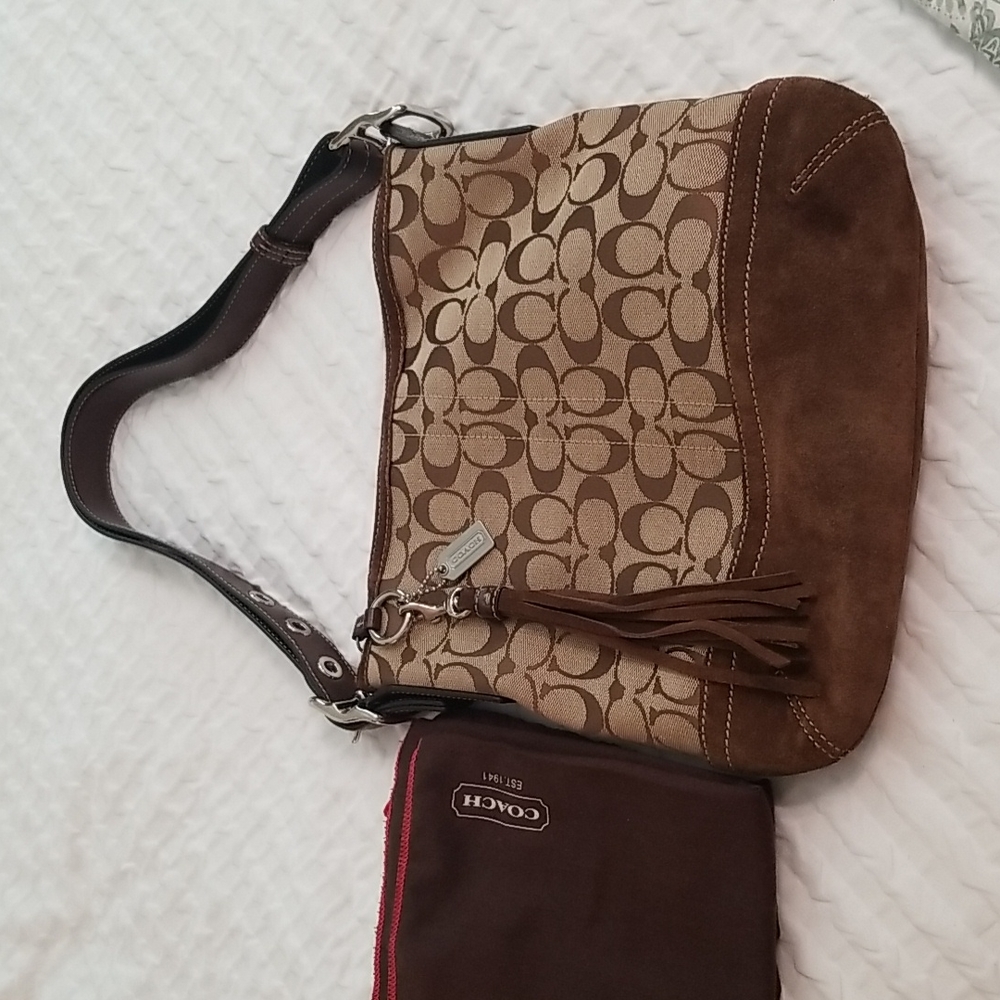 Authentic Vintage Brown Signature Coach Suede and Canvas Hobo Handbag